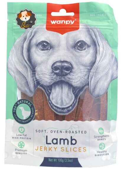 قیمت تشویقی نواری سگ ونپی با طعم گوشت بره ۱۰۰ گرمی ـ WANPY LAMB JERKY SLICES 100 GR