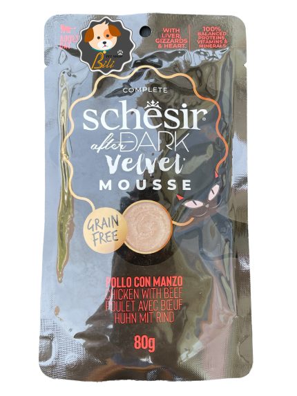 قیمت پوچ گربه شسیر با طعم مرغ و گوشت بدون غلات ۸۰ گرمی ـ SCHESIR AFTER DARK VELVET MOUSSE COMPLETE CHICKEN & BEEF 80 GR