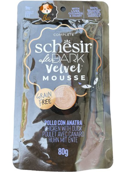 قیمت پوچ گربه شسیر با طعم مرغ و اردک بدون غلات ۸۰ گرمی ـ SCHESIR AFTER DARK VELVET MOUSSE COMPLETE CHICKEN & DUCK 80 GR