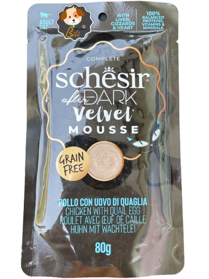 قیمت پوچ گربه شسیر با طعم مرغ و تخم بلدرچین بدون غلات ۸۰ گرمی ـ SCHESIR AFTER DARK VELVET MOUSSE COMPLETE CHICKEN & QUAIL EGG 80 GR