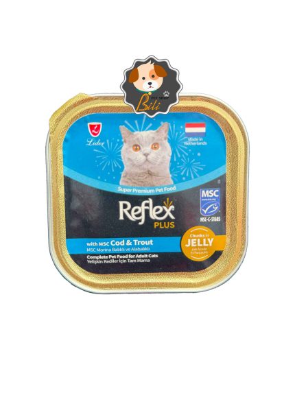 قیمت ووم گربه رفلکس پلاس با طعم ماهی قزل آلا و کاد در ژله ۸۵ گرمی ـ REFLEX PLUS CAT FOOD WITH COD & TROUT IN JELLY 85 GR